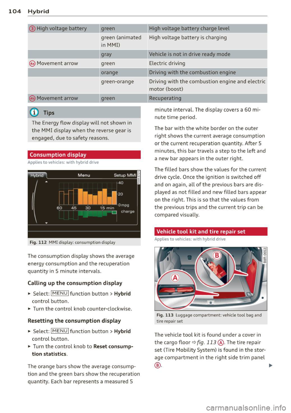 AUDI Q5 2013 Owners Manual 104 Hybrid
@ High voltage battery green High voltage battery charge level
green (animated High voltage battery is charging
@ Movement arrow in MMI)
gray
green
orange
---.. ,
gree AUDI Q5 2013 Owners Manual 104 Hybrid
@ High voltage battery green High voltage battery charge level
green (animated High voltage battery is charging
@ Movement arrow in MMI)
gray
green
orange
---.. ,
gree