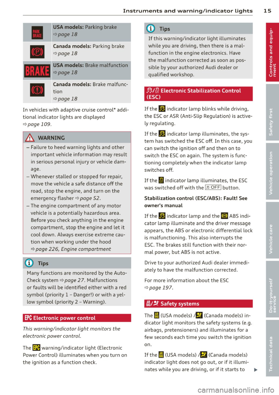AUDI Q5 2013 User Guide Instrument s and  warnin g/indic ator  ligh ts 15 
USA model s: Parking brake 
¢page 18 
Canada m odel s: Park ing brake 
¢page  18 
USA model s: Brake malfunction 
¢page  18 
Canada  mod els : Bra