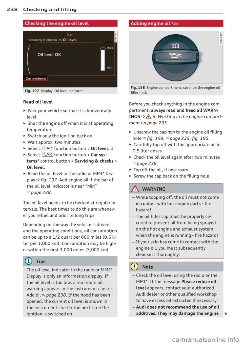 AUDI Q5 2013  Owners Manual 238  Checking  and  filling 
Checking  the  engine  oil  level 
Fig. 197 Disp lay: Oi l level  indicator 
Read  oil level 
• Park  your  vehicle  so  that  it  is  horizontally 
level. 
..  Shut  th
