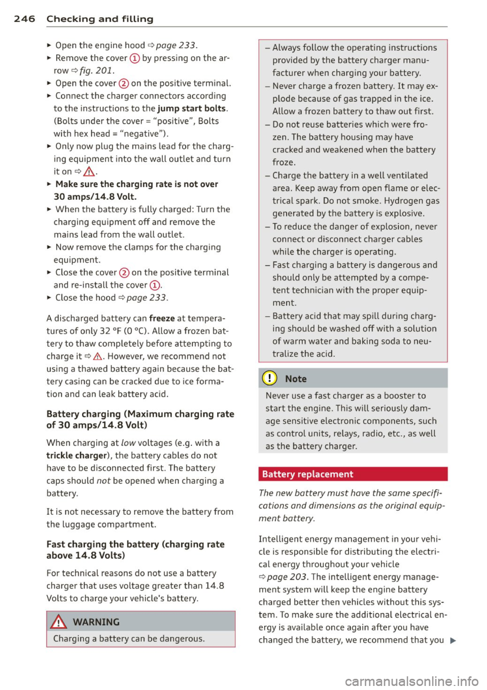 AUDI Q5 2013 Owners Manual 246 Checking and filling
• Open the engine hood ¢ page 233.
• Remov e the cover (!) by pressing on the arÂ
row ¢
fig. 201.
• Open the cover @on the positive term inal.
â AUDI Q5 2013 Owners Manual 246 Checking and filling
• Open the engine hood ¢ page 233.
• Remov e the cover (!) by pressing on the arÂ
row ¢
fig. 201.
• Open the cover @on the positive term inal.
â