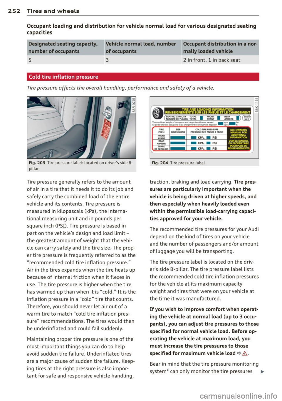 AUDI Q5 2013 Owners Manual 252 Tires and wheels
Occupant loading and distribution for vehicle normal load for various designated seating
capacities
Designated seating capacity,
number of occupants Vehicle AUDI Q5 2013 Owners Manual 252 Tires and wheels
Occupant loading and distribution for vehicle normal load for various designated seating
capacities
Designated seating capacity,
number of occupants Vehicle