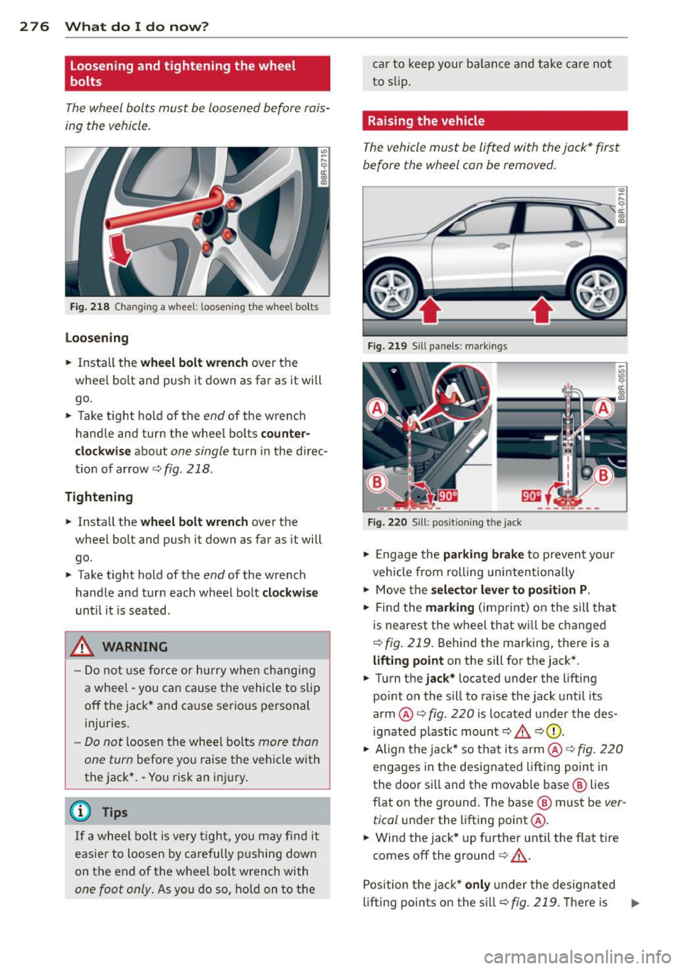 AUDI Q5 2013 Owners Manual 276 What do I do n ow ?
loosening and tightening the wheel
bolts
The wheel bolts must be loosened before rais
ing the vehicle.
F ig. 218 Chang ing a wheel: loosen ing the w hee AUDI Q5 2013 Owners Manual 276 What do I do n ow ?
loosening and tightening the wheel
bolts
The wheel bolts must be loosened before rais
ing the vehicle.
F ig. 218 Chang ing a wheel: loosen ing the w hee