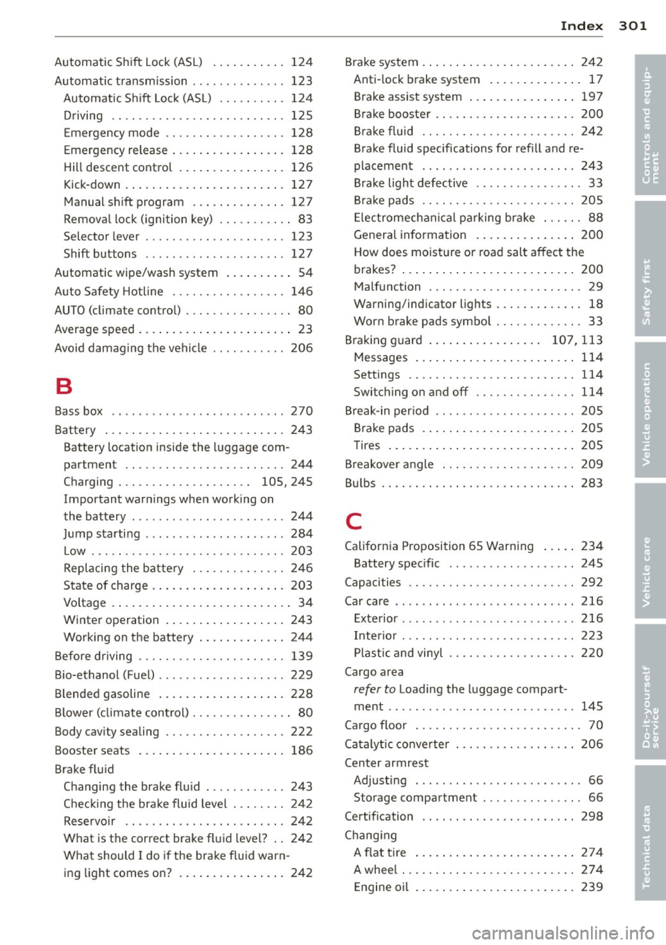 AUDI Q5 2013  Owners Manual Index 301 
-----------------------------------....... 
Automatic  Shift  Lock (ASL)  . ... .. .. .. .  124 
Automatic  transmission  .......... ....  123 
Automatic  S hift  Lock (ASL)  . .. .. .. .. 