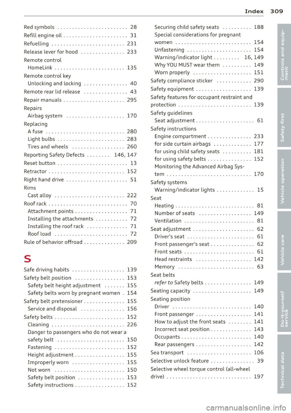 AUDI Q5 2013  Owners Manual -----------------------------~I~ n~ d~ e~x  309 
Red symbols  . . .  .  . . .  .  . .  .  . . .  . .  . .  . .  . .  .  .  28 
Refill engine  oil  ......................  31 
Refuelling  . .. ........