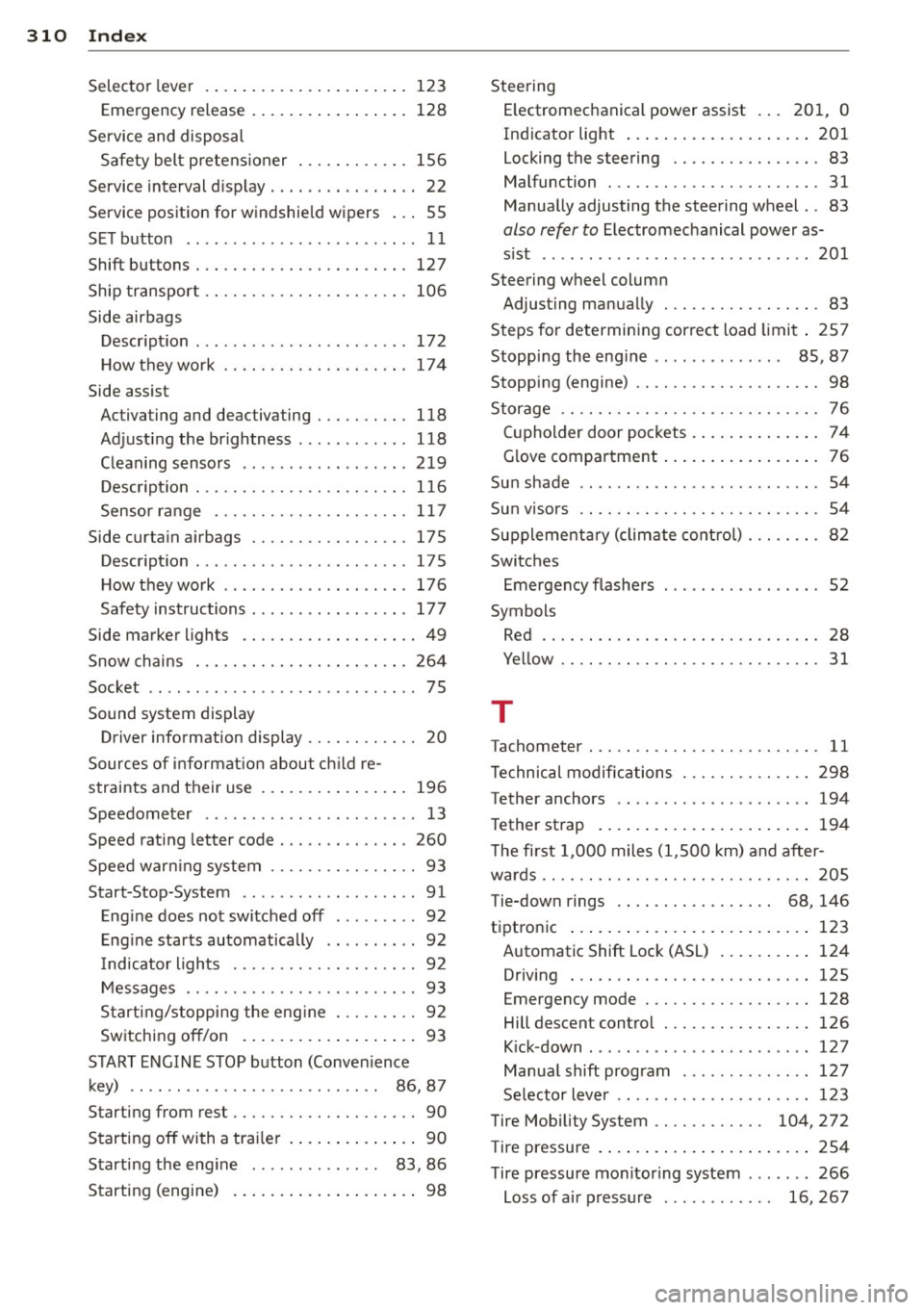AUDI Q5 2013 Owners Manual 310 Index
Selector lever ..... ..... ... .. .. .... . 123
Emergency release . . . . . . . . . . . . . . . . . 128
Service and disposal
Safety belt p retens ioner . .. .. .. .. .. .
15 AUDI Q5 2013 Owners Manual 310 Index
Selector lever ..... ..... ... .. .. .... . 123
Emergency release . . . . . . . . . . . . . . . . . 128
Service and disposal
Safety belt p retens ioner . .. .. .. .. .. .
15