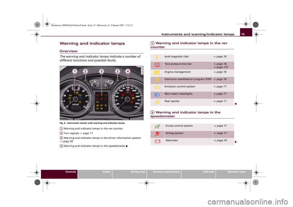 AUDI R8 2007 Owners Manual Instruments and warning/indicator lamps15
Controls
Safety
Driving tips
General maintenance
Self-help
Technical data
Warning and indicator lampsOverview
The warning and indicator lamps indicate a numbe AUDI R8 2007 Owners Manual Instruments and warning/indicator lamps15
Controls
Safety
Driving tips
General maintenance
Self-help
Technical data
Warning and indicator lampsOverview
The warning and indicator lamps indicate a numbe