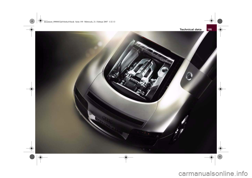 AUDI R8 2007  Owners Manual 195 Technical data
document_0900452a816e6cc9.book  Seite 195  Mittwoch, 21. Februar 2007  1:32 13 