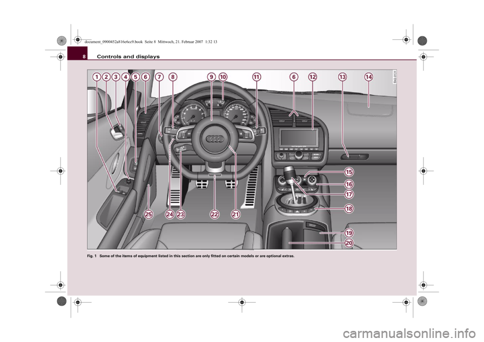 AUDI R8 2007  Owners Manual Controls and displays 8
Fig. 1  Some of the items of equipment listed in this section are only fitted on certain models or are optional extras.document_0900452a816e6cc9.book  Seite 8  Mittwoch, 21. Fe
