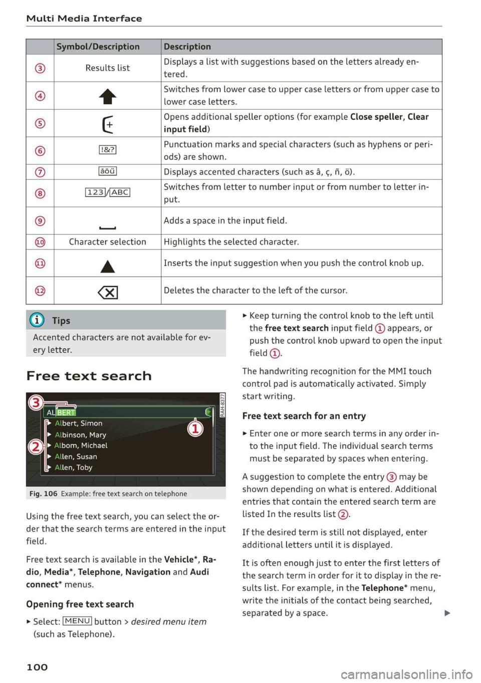 AUDI R8 COUPE 2020  Owners Manual Multi Media Interface 
  
  
Symbol/Description Description 
  
RSLS USE Displays a list with suggestions based on the letters already en- 
        
     
ods) are shown. 
    
        
  
® tered. 
