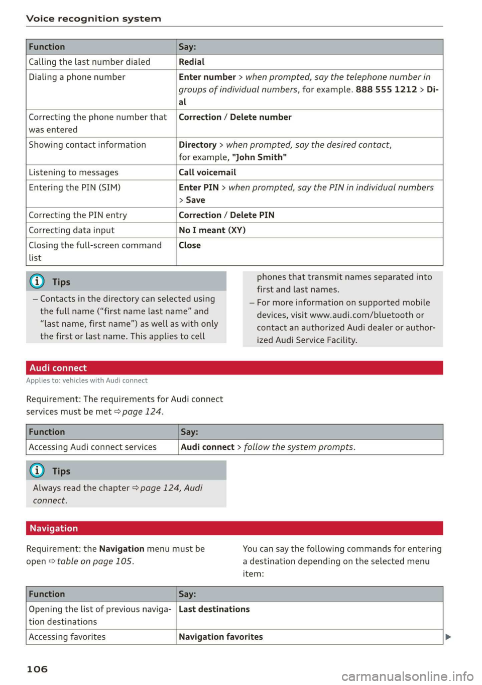 AUDI R8 COUPE 2020  Owners Manual Voice recognition system 
  
  
Calling the last number dialed Redial 
Dialing a phone number Enter number > when prompted, say the telephone number in 
groups of individual numbers, for example. 888 