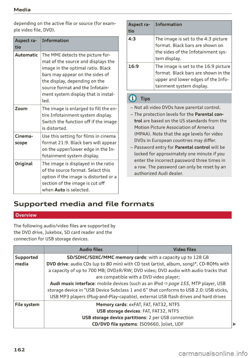 AUDI R8 COUPE 2020  Owners Manual Media 
  
depending on the active file or source (for exam- 
ple video file, DVD). 
  
Aspect ra- | Information 
tio 
    
Aspect ra- | Information 
tio 
  
Automatic |The MMI detects the picture for-