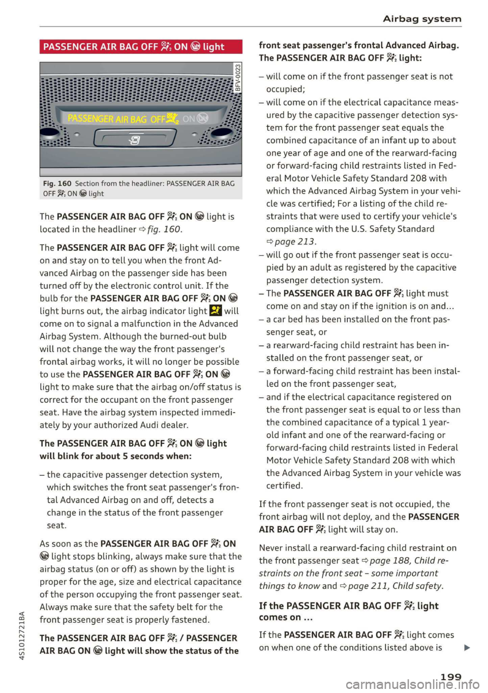 AUDI R8 COUPE 2020 Owners Manual 4S1012721BA
Airbag system
PASSENGER AIR BAG OFF ACR hits
Fig. 160 Section from the headliner: PASSENGER AIR BAG
OFF 3%; ON @ light
The PASSENGER AIR BAG OFF %; ON @ light is
located in the AUDI R8 COUPE 2020 Owners Manual 4S1012721BA
Airbag system
PASSENGER AIR BAG OFF ACR hits
Fig. 160 Section from the headliner: PASSENGER AIR BAG
OFF 3%; ON @ light
The PASSENGER AIR BAG OFF %; ON @ light is
located in the