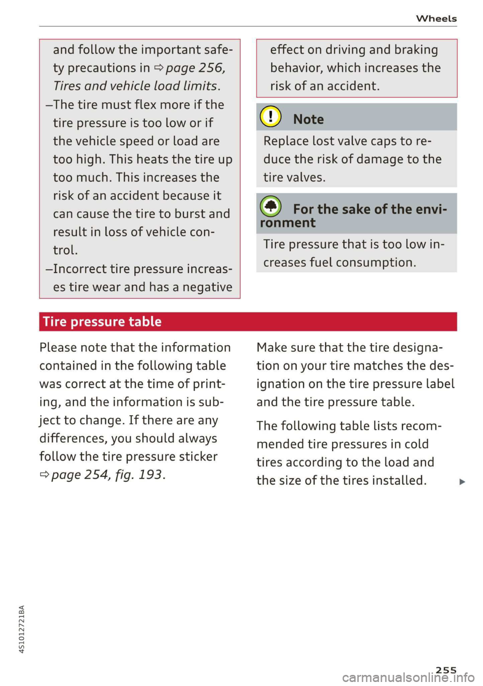 AUDI R8 COUPE 2020 Owners Manual 4S1012721BA
Wheels
and follow the important safe-
ty precautions in > page 256,
Tires and vehicle load limits.
—The tire must flex more if the
tire pressure is too low or if
the vehi AUDI R8 COUPE 2020 Owners Manual 4S1012721BA
Wheels
and follow the important safe-
ty precautions in > page 256,
Tires and vehicle load limits.
—The tire must flex more if the
tire pressure is too low or if
the vehi