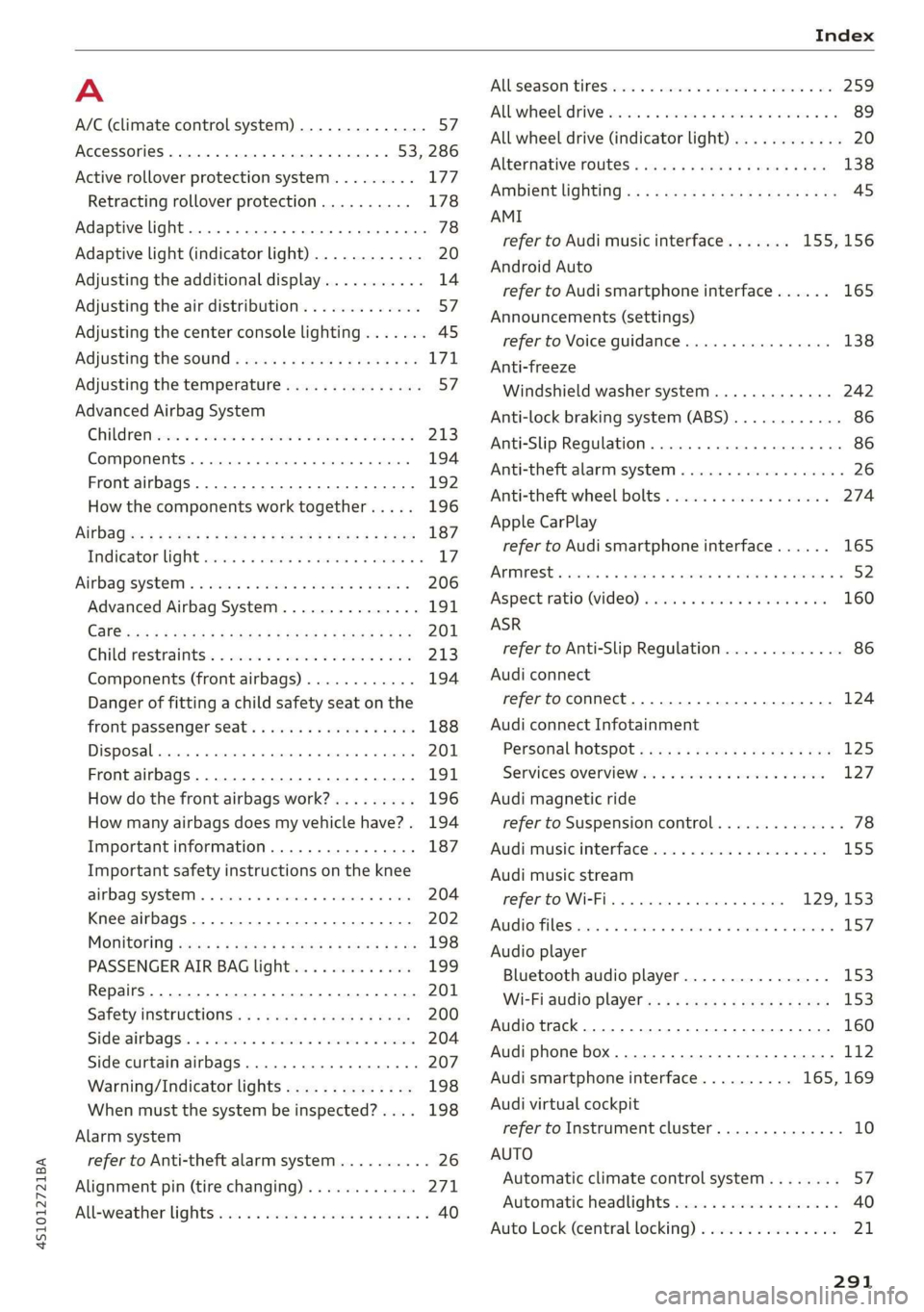 AUDI R8 COUPE 2020 Service Manual 4S1012721BA 
  
A 
A/C (climate control system) .............. 57 
ACCESSOFICES .. 0... ee eee eee 53, 286 
Active rollover protection system......... 177 
Retracting rollover protection.......... 178