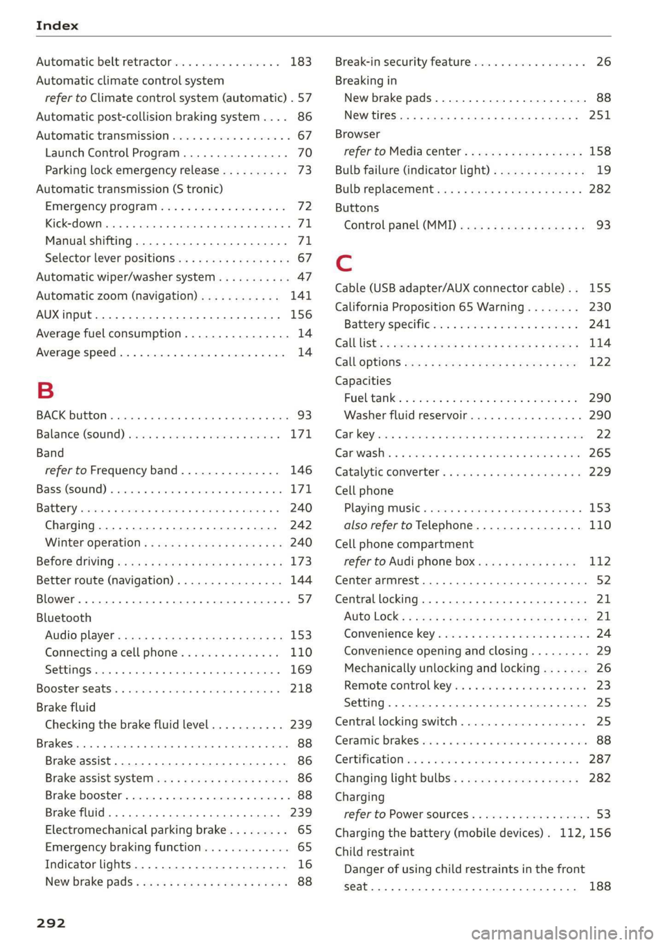 AUDI R8 COUPE 2020 Service Manual Index 
  
Automatic belt retractor................ 183 
Automatic climate control system 
refer to Climate control system (automatic) . 57 
Automatic post-collision braking system.... 86 
Automatic tr