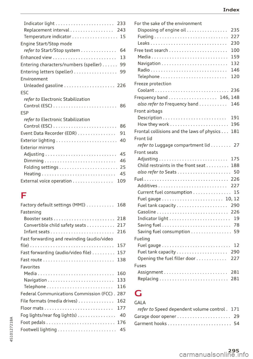 AUDI R8 COUPE 2020 Service Manual 4S1012721BA 
Index 
  
Indicator light cscs x  = somens +  a meee «2 meee < 233 
Replacement interval..............00. 243 
Temperature indicator...............005 15 
Engine Start/Stop mode 
refer t
