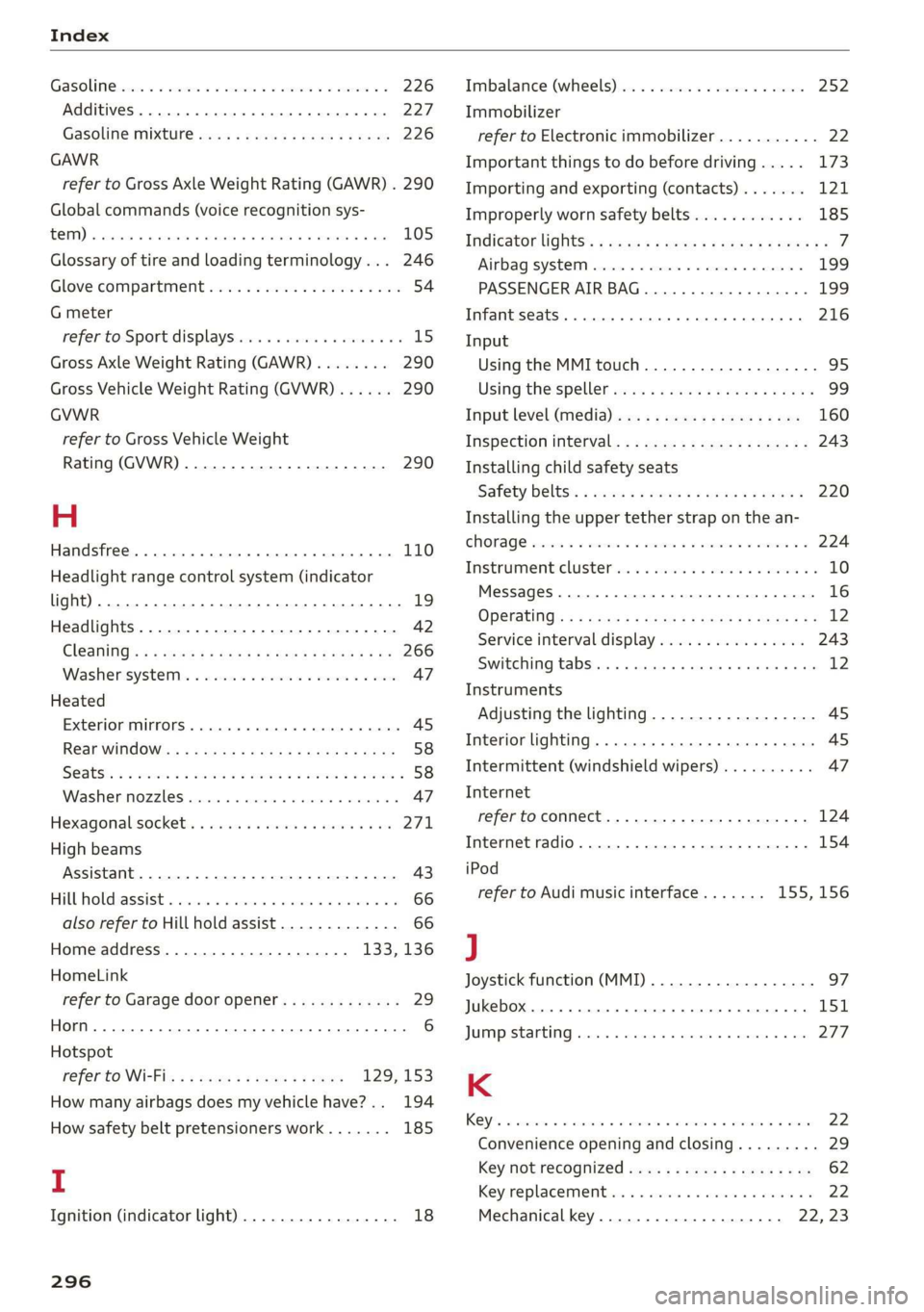 AUDI R8 COUPE 2020  Owners Manual Index 
  
Gasoline eevee se cuscne oo eancece vw esmate vw atecone vs 226 
Additives... 0.0... cc cece eee eee 227 
Gasoline MIXtUIe weiss s eecew s Hew ss pee 226 
GAWR 
refer to Gross Axle Weight Ra