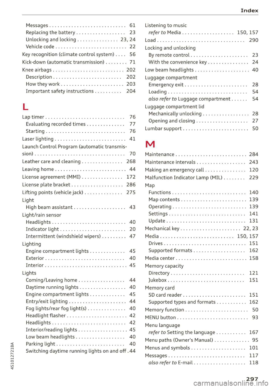 AUDI R8 COUPE 2020 Owners Manual 4S1012721BA
Index
MOSSAQCS seve: 3 5 ssnsmes + 6 swwaues oo sxmmees ve someone 61
Replacing the battery...............0-. 23
Unlocking and locking............... 23,24
Mehiclecode snc = sc AUDI R8 COUPE 2020 Owners Manual 4S1012721BA
Index
MOSSAQCS seve: 3 5 ssnsmes + 6 swwaues oo sxmmees ve someone 61
Replacing the battery...............0-. 23
Unlocking and locking............... 23,24
Mehiclecode snc = sc