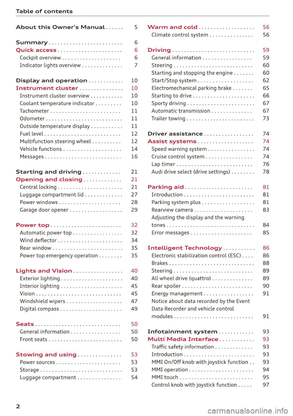 AUDI R8 COUPE 2020  Owners Manual Table of contents 
  
About this Owner's Manual...... 
SUMIMALY: ; « ss6% : osen ss sean cs poe s 
Quick ACCESS ki... ose bs ees ae ees 
Cockpit overview.............-000005 
Indicator lights ove