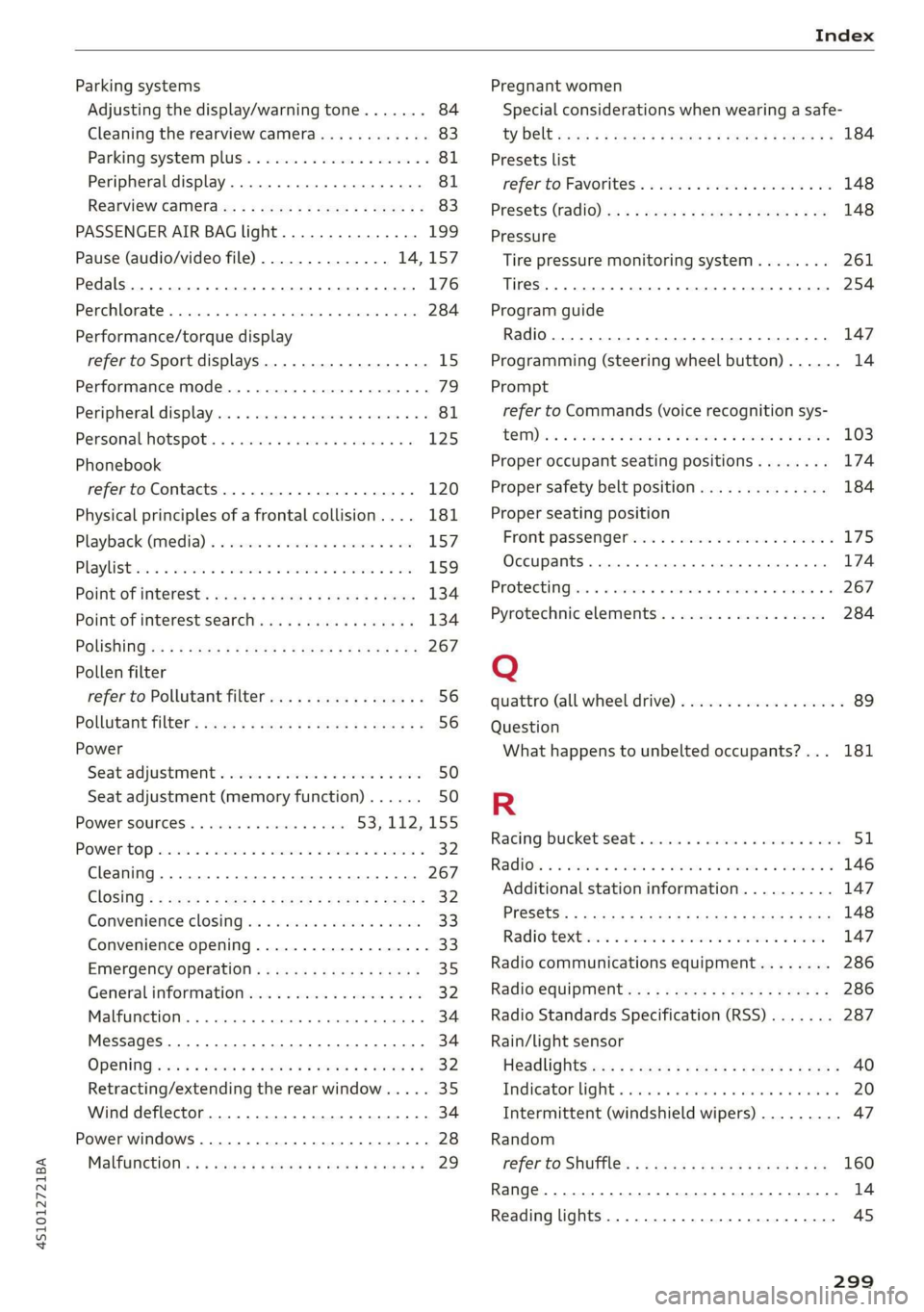 AUDI R8 COUPE 2020 Owners Manual 4S1012721BA
Index
Parking systems
Adjusting the display/warning tone....... 84
Cleaning the rearview camera............ 83
Parking system plus............-.-000-. 81
Peripheral display....... AUDI R8 COUPE 2020 Owners Manual 4S1012721BA
Index
Parking systems
Adjusting the display/warning tone....... 84
Cleaning the rearview camera............ 83
Parking system plus............-.-000-. 81
Peripheral display.......