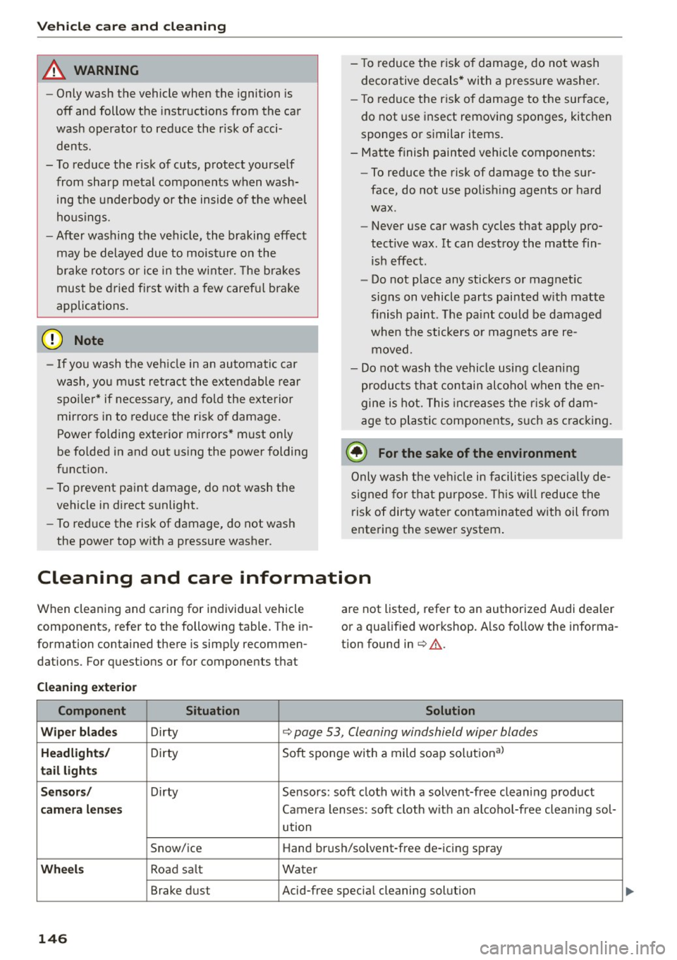 AUDI R8 SPYDER 2015 Owners Manual Vehicle care and cleaning
A WARNING
-Only wash the vehicle when the ignition is
off and follow the instructions from the car
wash operator to reduce the risk of acci
dents.
- To red AUDI R8 SPYDER 2015 Owners Manual Vehicle care and cleaning
A WARNING
-Only wash the vehicle when the ignition is
off and follow the instructions from the car
wash operator to reduce the risk of acci
dents.
- To red