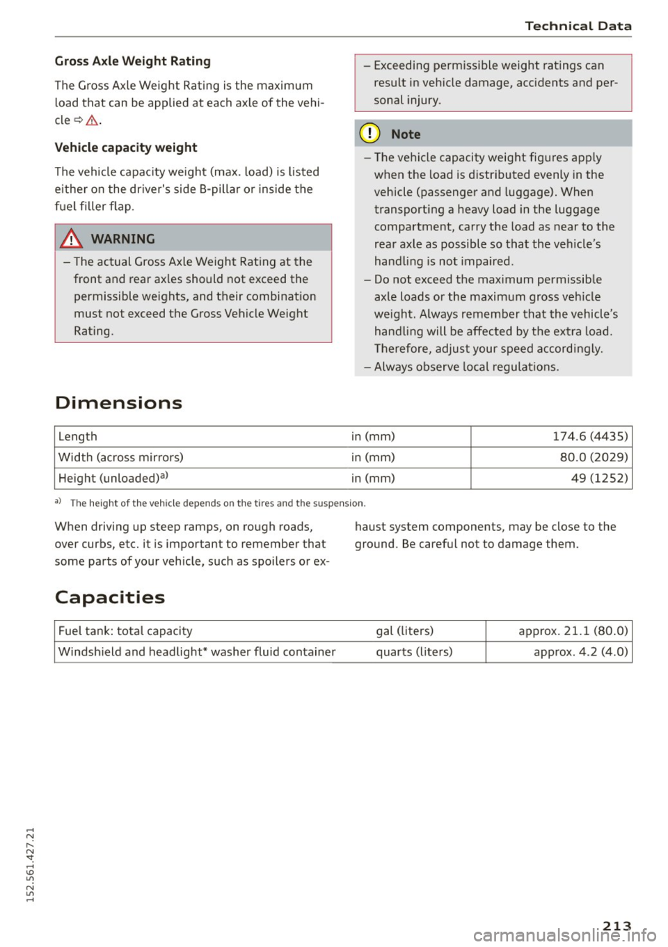 AUDI R8 SPYDER 2015 Owners Manual Gross Axle We ight Rating
The G ross Axle Weight Rating is the maximum
l oad that can be applied at each axle of the vehi
cle ~.& .
Vehicle capacity weight
The vehicle capac ity we ig AUDI R8 SPYDER 2015 Owners Manual Gross Axle We ight Rating
The G ross Axle Weight Rating is the maximum
l oad that can be applied at each axle of the vehi
cle ~.& .
Vehicle capacity weight
The vehicle capac ity we ig