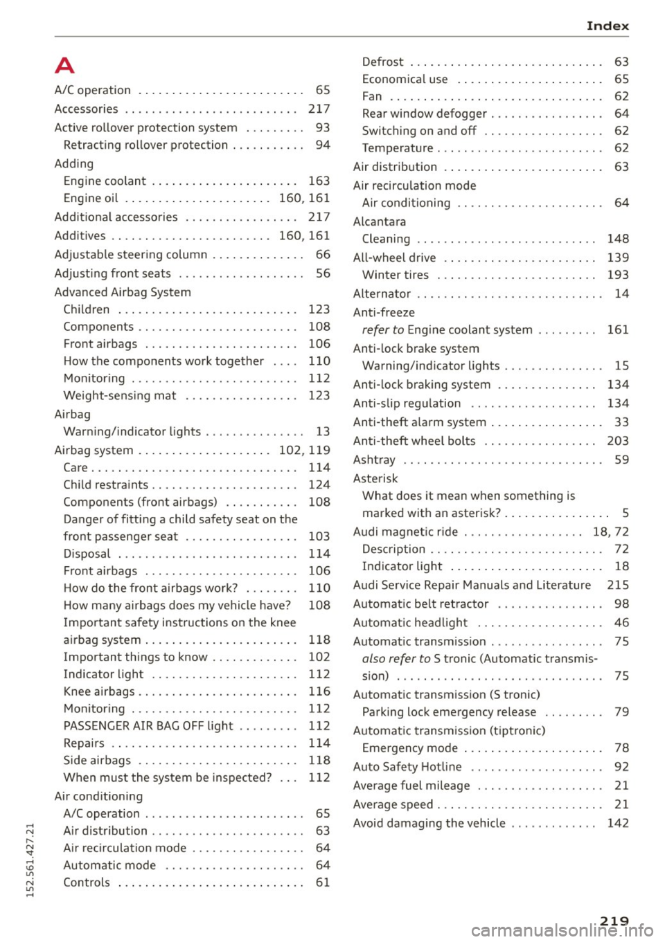 AUDI R8 SPYDER 2015 Owners Manual ..... N
r-N ": ..... \!) 1.11
N 1.11 .....
A
A/C operation . . . . . . . . . . . . . . . . . . . . . . . . . 65
Accessories . . . . . . . . . . . . . . . . . . . . . . . . AUDI R8 SPYDER 2015 Owners Manual ..... N
r-N ": ..... \!) 1.11
N 1.11 .....
A
A/C operation . . . . . . . . . . . . . . . . . . . . . . . . . 65
Accessories . . . . . . . . . . . . . . . . . . . . . . . .