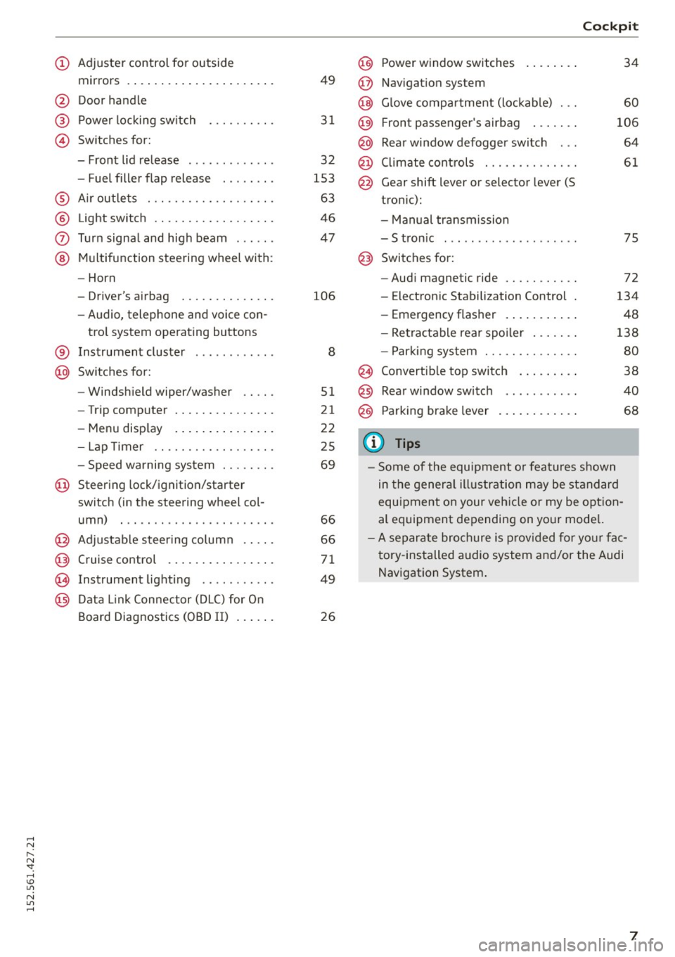 AUDI R8 SPYDER 2015  Owners Manual ..... N 
r-­N ": ..... \!) LlI 
N LlI ..... 
(!) Adjuster  control  for  outside mirrors  .. .. .............. ...  . 
@ Door handle 
@ Power locking  switch 
© Switches  for: 
- Front  lid  rele