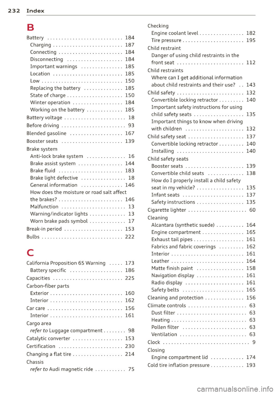 AUDI R8 SPYDER 2014 Owners Manual 232 Index
B
Battery .......... ......... ... .... .
Charging ... .. .............. ..... .
Connecting ................. ..... .
Disconnecting ............... .... .
Important warnings AUDI R8 SPYDER 2014 Owners Manual 232 Index
B
Battery .......... ......... ... .... .
Charging ... .. .............. ..... .
Connecting ................. ..... .
Disconnecting ............... .... .
Important warnings