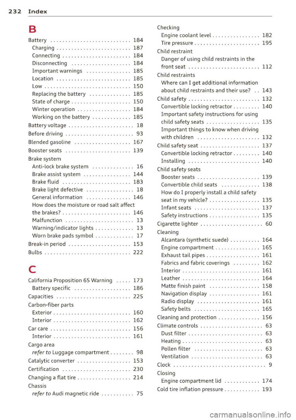 AUDI R8 SPYDER 2014  Owners Manual 232  Index 
B 
Battery .......... ......... ... ....  . 
Charging  ... .. .............. .....  . 
Connecting  ................. .....  . 
Disconnecting  ............... ....  . 
Important  warnings  