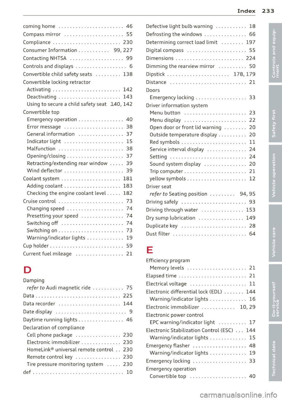 AUDI R8 SPYDER 2014 Owners Manual coming home ...... .... ... .. .. .. .... 46
Compass m irror ........ ...... ... ... . 55
Comp liance .. ............. .... .. .. . 230
Consumer I nformation . . . . . . . . . . . 99, AUDI R8 SPYDER 2014 Owners Manual coming home ...... .... ... .. .. .. .... 46
Compass m irror ........ ...... ... ... . 55
Comp liance .. ............. .... .. .. . 230
Consumer I nformation . . . . . . . . . . . 99,