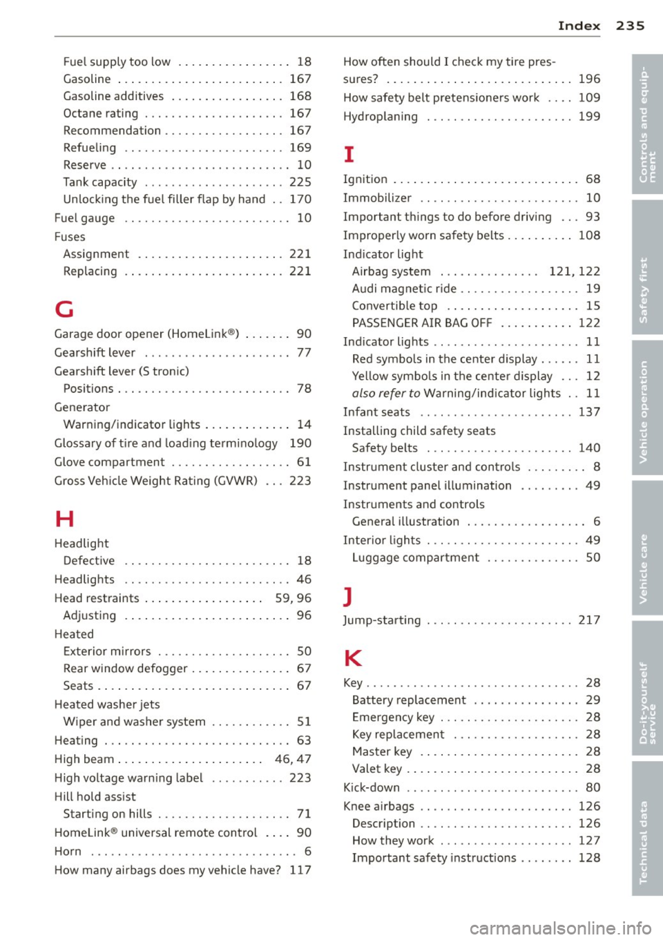 AUDI R8 SPYDER 2014 Owners Manual Fuel supply too low . . . . . . . . . . . . . . . . . 18
Gasoline ... .................. .... 167
Gasoline additives ................. 168
Octane rating ............ .... .. ... AUDI R8 SPYDER 2014 Owners Manual Fuel supply too low . . . . . . . . . . . . . . . . . 18
Gasoline ... .................. .... 167
Gasoline additives ................. 168
Octane rating ............ .... .. ...