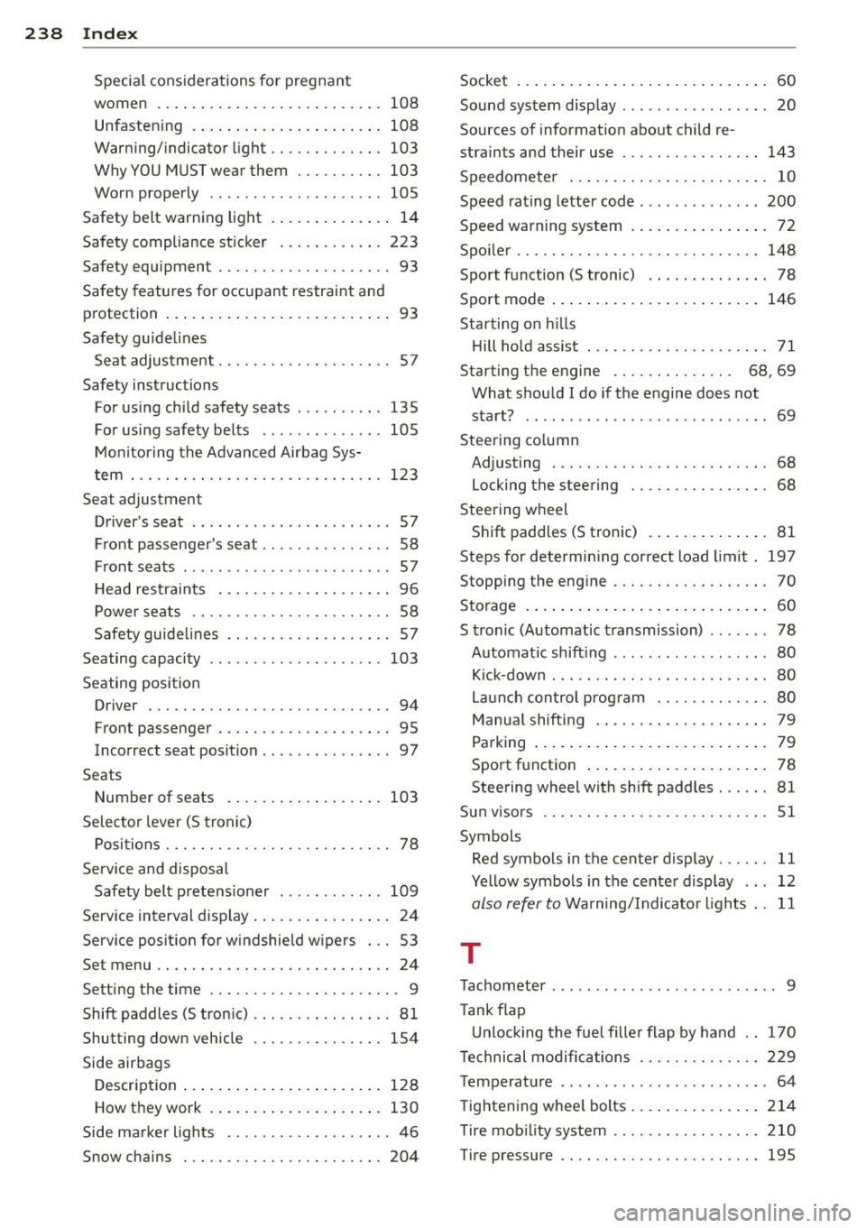 AUDI R8 SPYDER 2014 Owners Manual 238 Index
Special considerations for pregnant
women .... ................ ..... . 108
Unfasten ing . ............. ... .... . 108
Warning/indicator light ...... .. .... . 103
Why YOU MUST AUDI R8 SPYDER 2014 Owners Manual 238 Index
Special considerations for pregnant
women .... ................ ..... . 108
Unfasten ing . ............. ... .... . 108
Warning/indicator light ...... .. .... . 103
Why YOU MUST