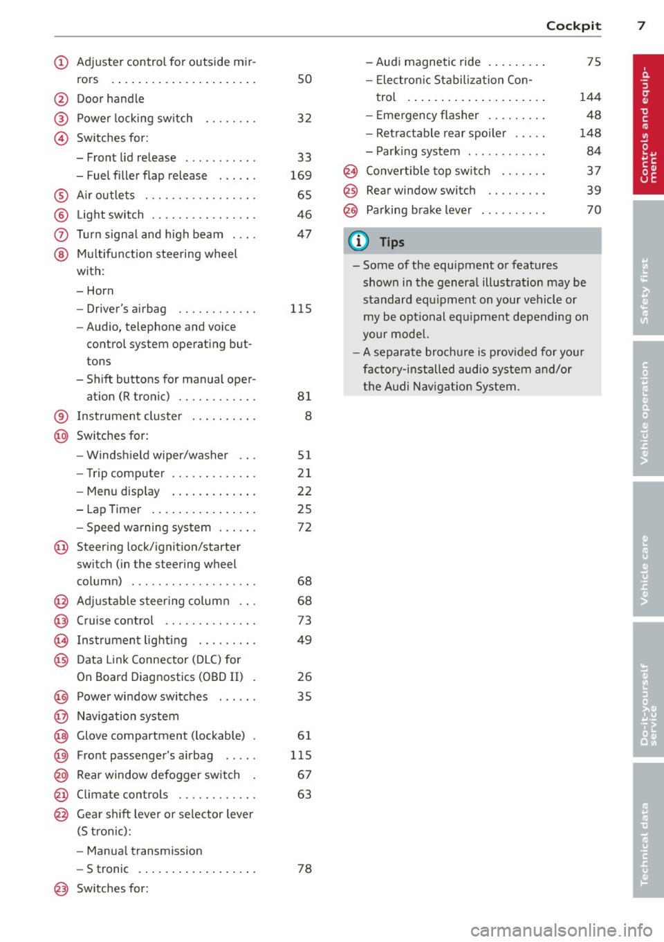 AUDI R8 SPYDER 2014  Owners Manual (!) Adjuster  control  for  outside  mir-rors  .... ..... .......... ..  . 
@ Door handle 
@ Power locking  switch 
© Switches  for: 
- Front  lid  release  ..........  . 
- Fuel  filler  flap  relea