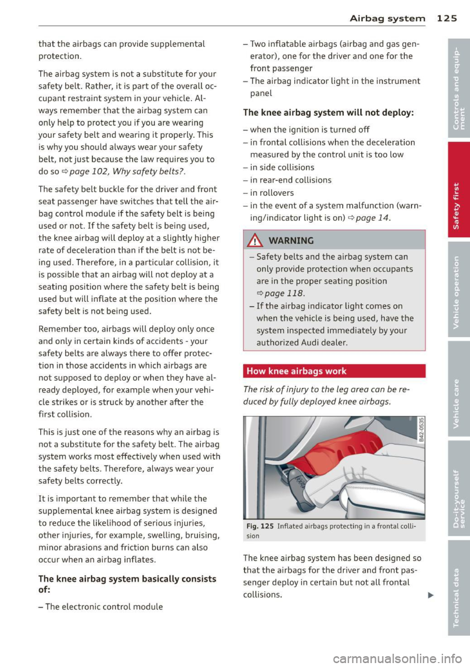 AUDI R8 SPYDER 2012 Owners Manual that the airbags can provide s upplemental
protection.
The airbag system is not a s ubst itute for yo ur
safety be lt. Rathe r, it is part of the overall oc
cupant restraint AUDI R8 SPYDER 2012 Owners Manual that the airbags can provide s upplemental
protection.
The airbag system is not a s ubst itute for yo ur
safety be lt. Rathe r, it is part of the overall oc
cupant restraint