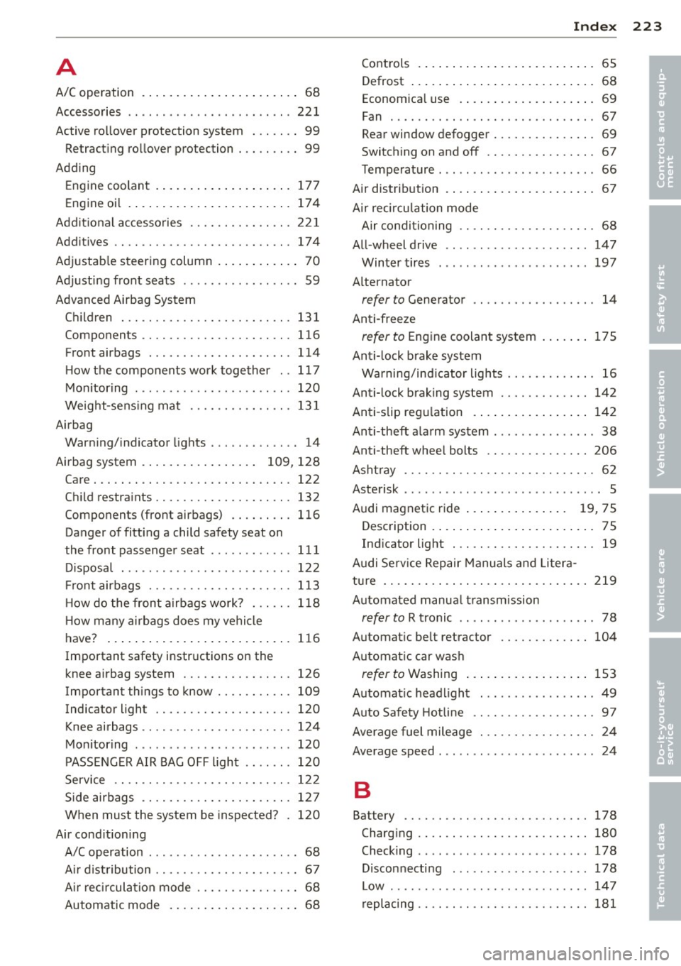 AUDI R8 SPYDER 2012 Owners Manual A
A/C operation . . . . . . . . . . . . . . . . . . . . . . . 68
Accessories .. ... .. .. ...... .. .. .. .. . 221
Active ro llover protection system . . . . . . . 99
Retract ing AUDI R8 SPYDER 2012 Owners Manual A
A/C operation . . . . . . . . . . . . . . . . . . . . . . . 68
Accessories .. ... .. .. ...... .. .. .. .. . 221
Active ro llover protection system . . . . . . . 99
Retract ing