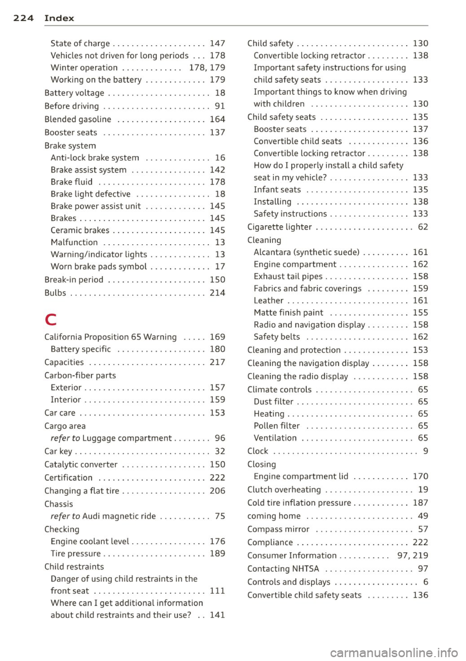 AUDI R8 SPYDER 2012 Owners Manual 224 Index
State of charge ............... .... . 147
Vehicles not driven for long periods . .. 178
Winter operation . . . . . . . . . . . . . 178, 179
Working on the battery . AUDI R8 SPYDER 2012 Owners Manual 224 Index
State of charge ............... .... . 147
Vehicles not driven for long periods . .. 178
Winter operation . . . . . . . . . . . . . 178, 179
Working on the battery .