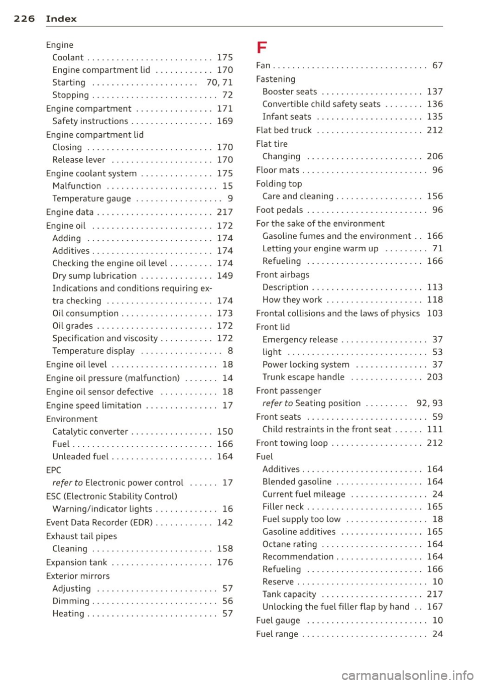 AUDI R8 SPYDER 2012 Owners Manual 226 Index
Eng ine
Coolant . . . . . . . . . . . . . . . . . . . . . . . . . . 17 5
Eng ine compartment lid ... .. .. .... . 170
Starting . . . . . . . . . . . . . . . . . . . AUDI R8 SPYDER 2012 Owners Manual 226 Index
Eng ine
Coolant . . . . . . . . . . . . . . . . . . . . . . . . . . 17 5
Eng ine compartment lid ... .. .. .... . 170
Starting . . . . . . . . . . . . . . . . . . .