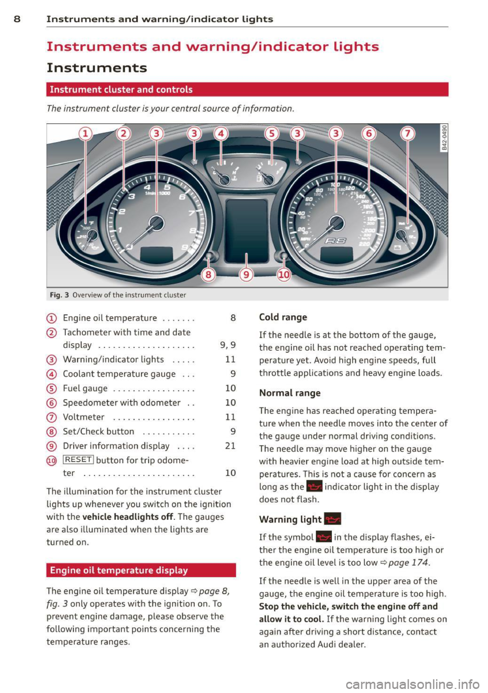 AUDI R8 SPYDER 2012  Owners Manual 8  Instruments and  warning/indicator  lights 
Instruments  and  warning/indicator  Lights 
Instruments 
Instrument  cluster  and  controls 
The instrument  cluster is your  central  source of  inform