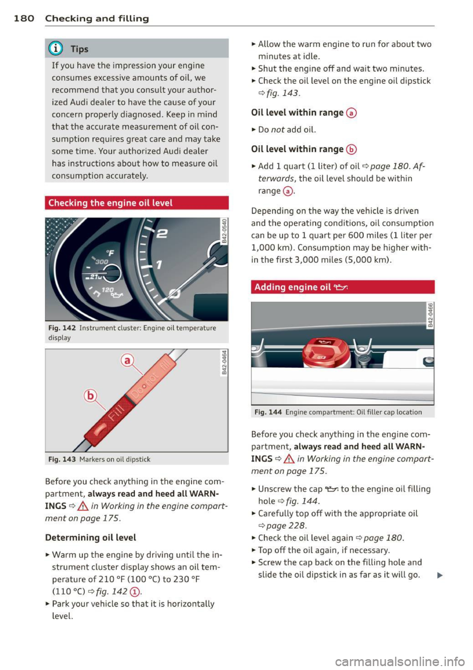 AUDI R8 SPYDER 2011 Owners Manual 18 0 Che cking and filling
@ Tips
If you have the impression your engine
consumes excessive amounts of oil, we
recommend that you consu lt your a uthor
ized Audi deale r to ha AUDI R8 SPYDER 2011 Owners Manual 18 0 Che cking and filling
@ Tips
If you have the impression your engine
consumes excessive amounts of oil, we
recommend that you consu lt your a uthor
ized Audi deale r to ha