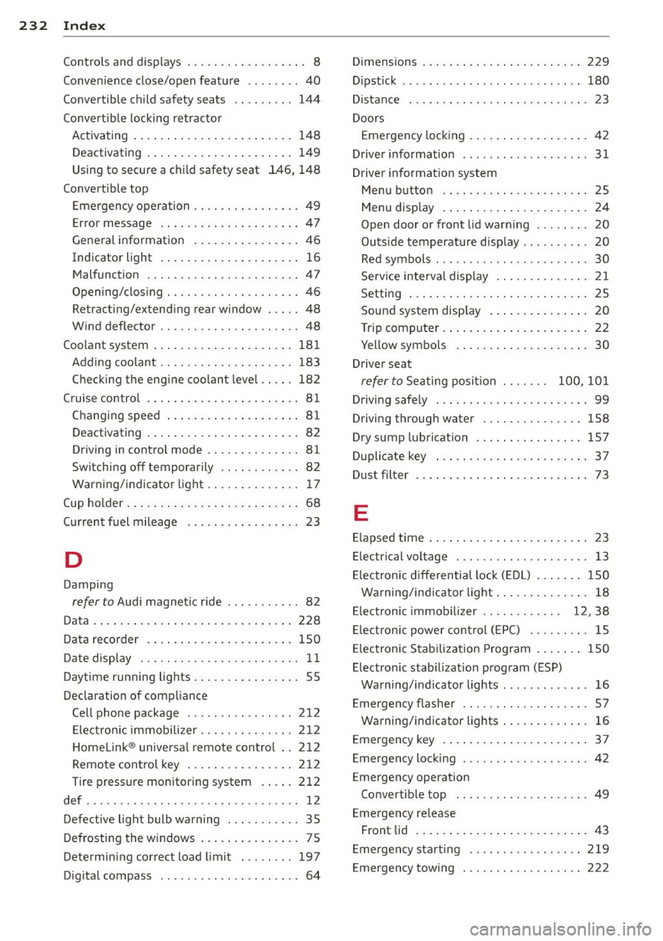 AUDI R8 SPYDER 2011 Owners Manual 232 Index
Controls and displays ........... .... .. . 8
Convenience close/open feature .. .. ....
40
Convertible child safety seats .. .. ..... 144
Conve rtible locking retractor
Act AUDI R8 SPYDER 2011 Owners Manual 232 Index
Controls and displays ........... .... .. . 8
Convenience close/open feature .. .. ....
40
Convertible child safety seats .. .. ..... 144
Conve rtible locking retractor
Act