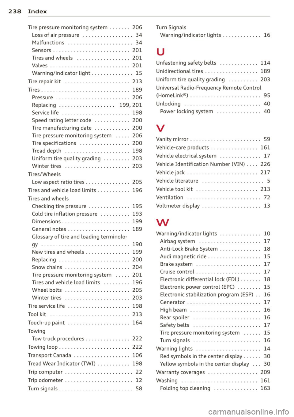 AUDI R8 SPYDER 2011 Owners Manual 238 Index
Tire pressure monitoring system ...... . 206
Loss of air pressure . . . . . . . . . . . . . . . . . 34
Malfunctions . . . . . . . . . . . . . . . . . . . . . . 34
S AUDI R8 SPYDER 2011 Owners Manual 238 Index
Tire pressure monitoring system ...... . 206
Loss of air pressure . . . . . . . . . . . . . . . . . 34
Malfunctions . . . . . . . . . . . . . . . . . . . . . . 34
S