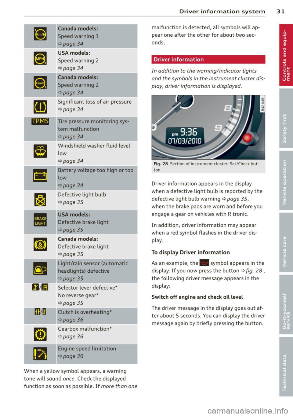 AUDI R8 SPYDER 2011 Owners Guide •
Canada models:
Speed warning 1
¢page34
•
USA mode ls:
Speed warning 2
¢page 34
•
Canada model s:
Speed warning 2
¢page34
RI
S ignificant loss of a ir pressure
¢page34 AUDI R8 SPYDER 2011 Owners Guide •
Canada models:
Speed warning 1
¢page34
•
USA mode ls:
Speed warning 2
¢page 34
•
Canada model s:
Speed warning 2
¢page34
RI
S ignificant loss of a ir pressure
¢page34