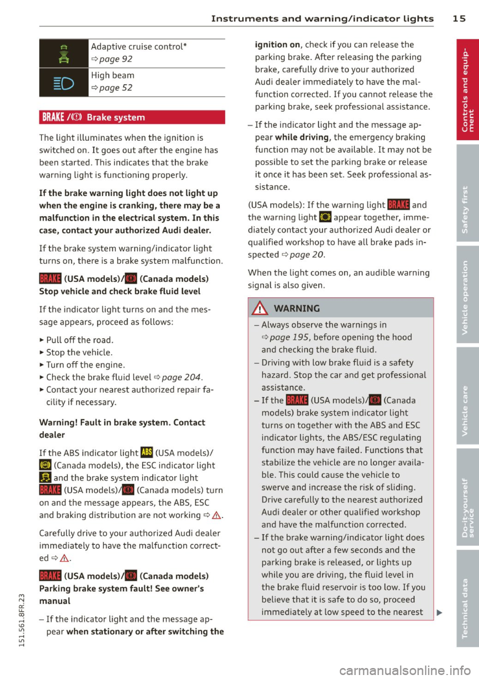 AUDI RS5 CABRIOLET 2015  Owners Manual M N 
er 
u.. 
co ,...., \!) 1.11 ,...., 1.11 ,...., 
Instrument s and  warnin g/indic ator  ligh ts 15 
Adaptive  cruise  contro l* 
~ page 92 
High beam 
~page 52 
BRAKE /((J)) Brake  system 
The  