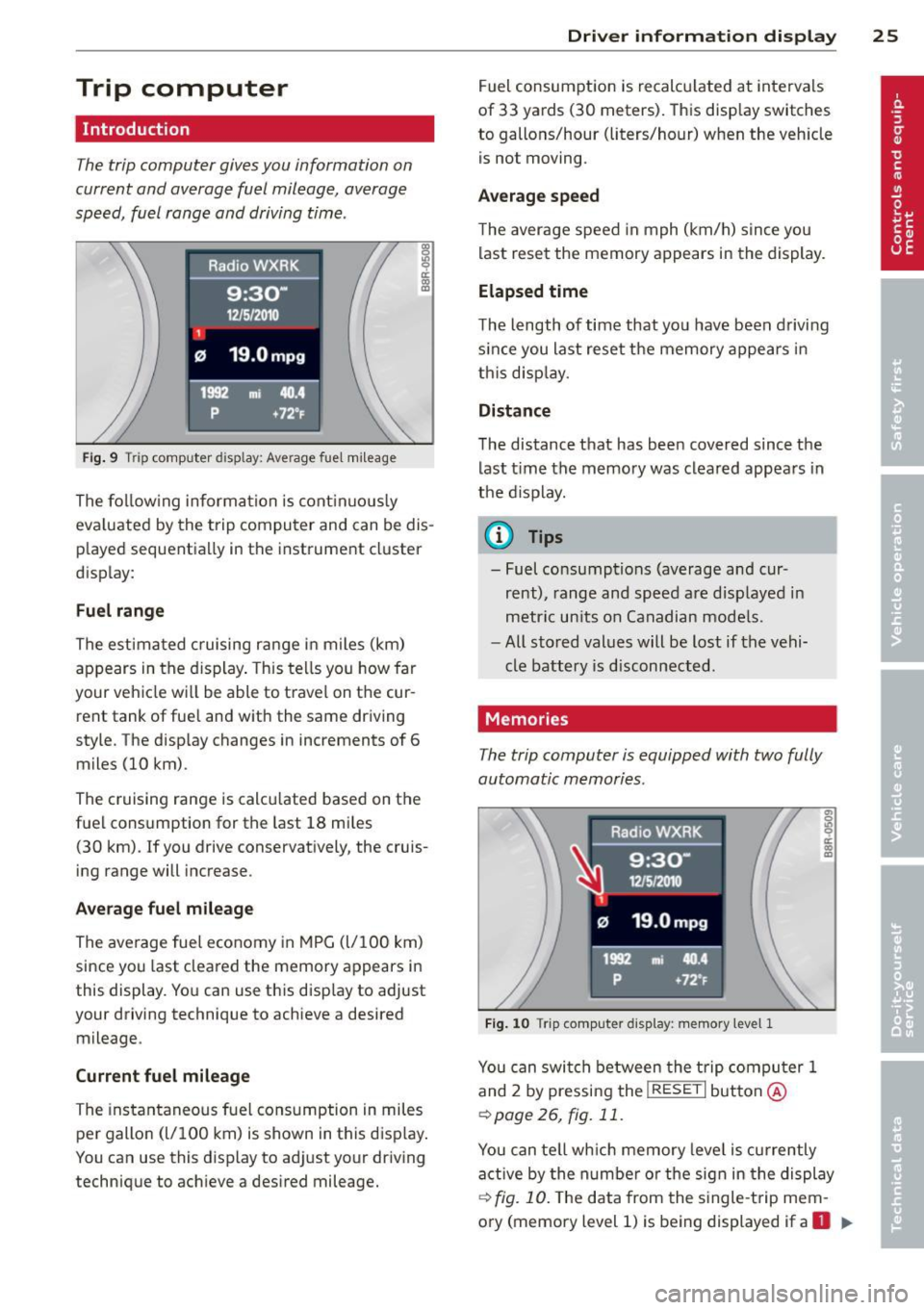 AUDI RS5 CABRIOLET 2013  Owners Manual Trip  computer 
Introduction 
The trip  computer  gives you  information  on 
current  and  average  fuel  mileage,  average 
speed,  fuel  range  and  driving  time . 
Fig. 9  Trip  computer  display