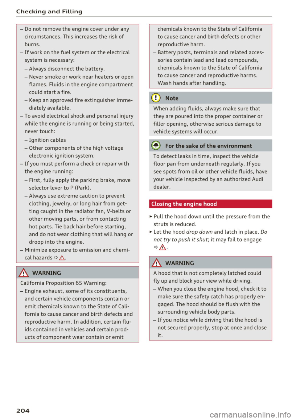 AUDI RS7 SPORTBACK 2016  Owners Manual Checking  and  Filling 
-Do not  remove  the  engine  cover  under  any 
circumstances . This  increases  the  risk of 
burns. 
- If work  on  the  fuel  system  or the  electrical 
system  is necessa