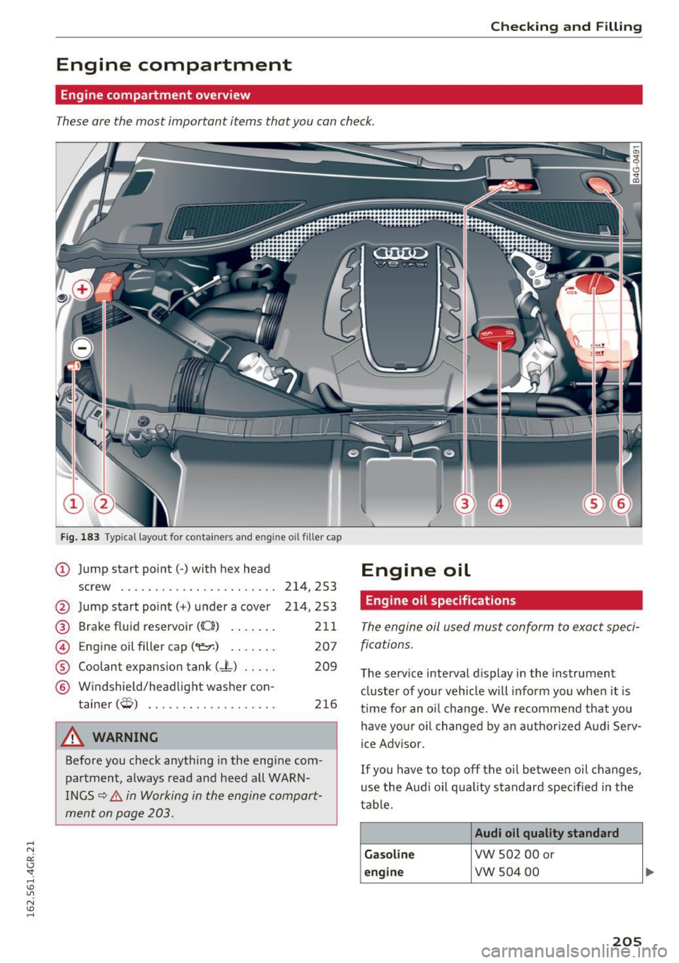 AUDI RS7 SPORTBACK 2016 Owners Manual Checking and Filling
Engine compartment
Engine compartment overview
These are the most important items that you can check.
Fig. 183 Typical layout for containers and e ngine oil fille r AUDI RS7 SPORTBACK 2016 Owners Manual Checking and Filling
Engine compartment
Engine compartment overview
These are the most important items that you can check.
Fig. 183 Typical layout for containers and e ngine oil fille r