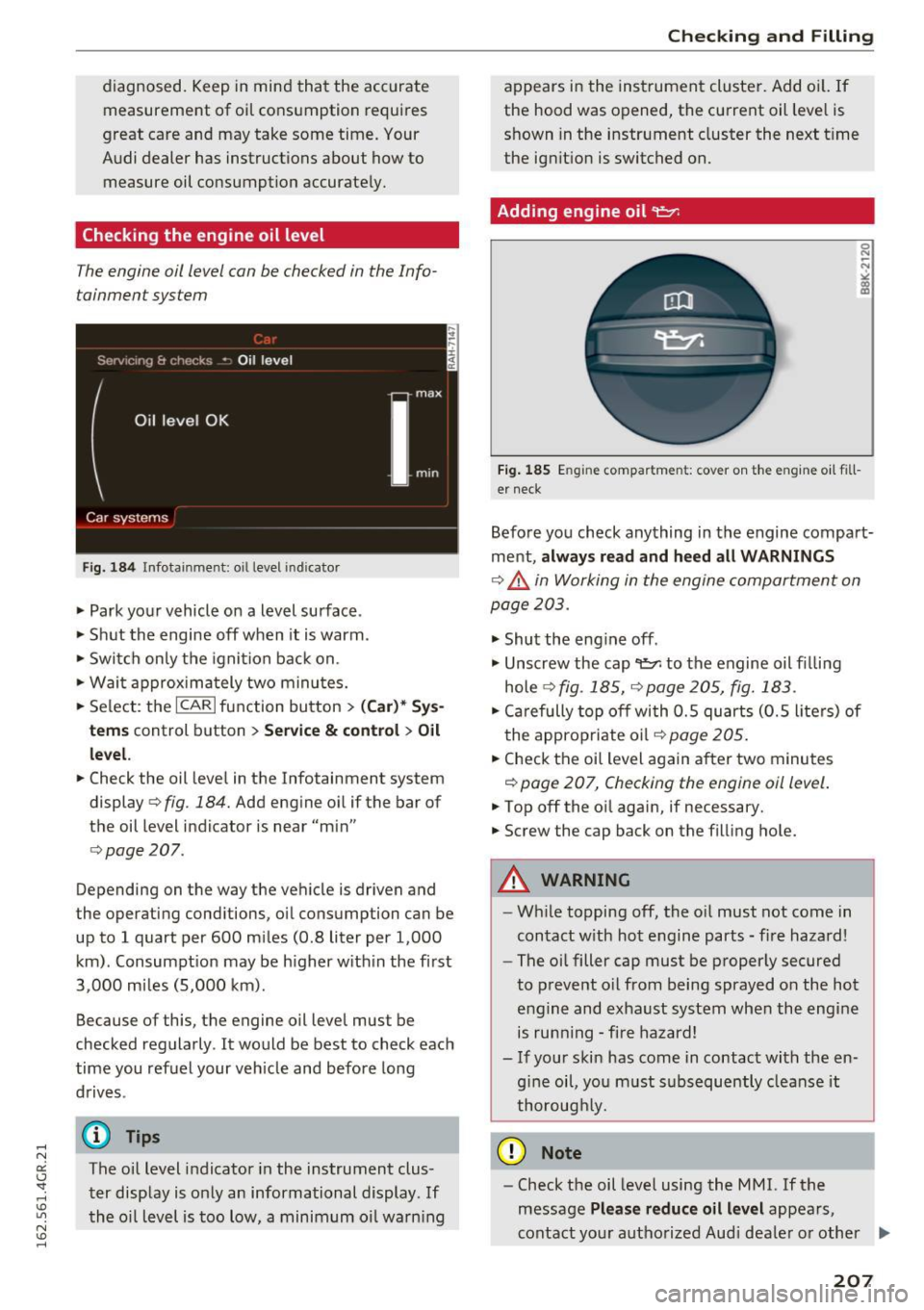 AUDI RS7 SPORTBACK 2016  Owners Manual diagnosed. Keep in  mind  that the  accurate 
measurement  of oil  consumption  requires 
great  care  and  may  take  some  time.  Your 
Audi dealer  has  instructions  about  how to  measure  oil  c