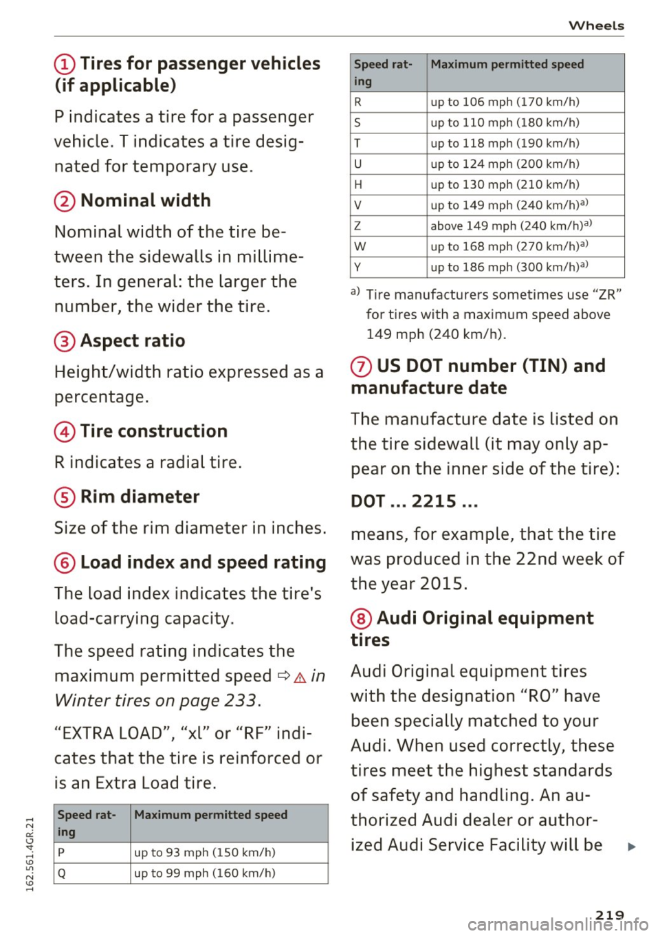 AUDI RS7 SPORTBACK 2016 Owners Manual (D Tires for passenger vehicles
(if applicable)
P indicat es a tir e for a p asse ng er
vehi cle. T indi cates a tire de sig
nated for tempor ary us e.
@ Nominal width
Nominal width AUDI RS7 SPORTBACK 2016 Owners Manual (D Tires for passenger vehicles
(if applicable)
P indicat es a tir e for a p asse ng er
vehi cle. T indi cates a tire de sig
nated for tempor ary us e.
@ Nominal width
Nominal width