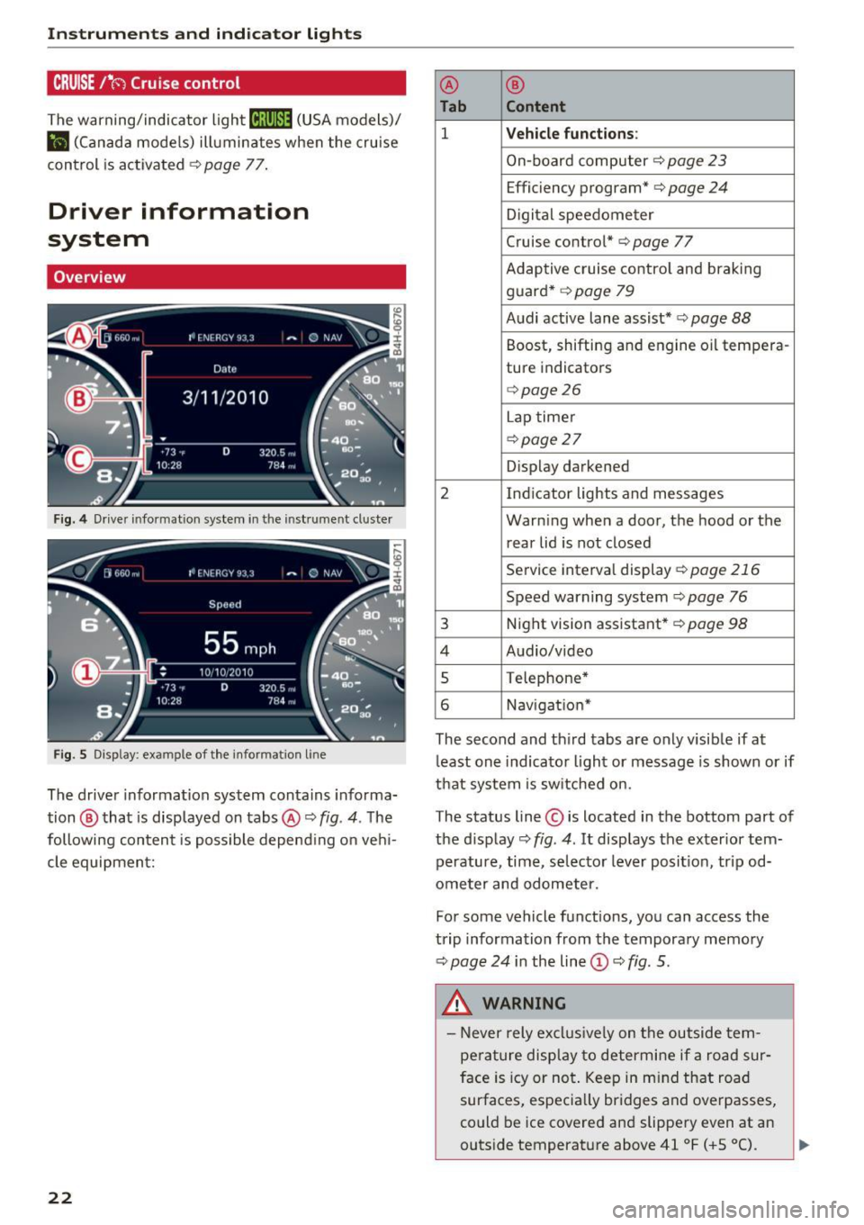 AUDI RS7 SPORTBACK 2016 Owners Manual Instruments and indicator lights
CRUISE /11
() Cru ise control
The warning/indicator light ltj;\9~1@ (USA models)/
El (Canada models) illuminates when the cruise
control is activated  AUDI RS7 SPORTBACK 2016 Owners Manual Instruments and indicator lights
CRUISE /11
() Cru ise control
The warning/indicator light ltj;\9~1@ (USA models)/
El (Canada models) illuminates when the cruise
control is activated Â
